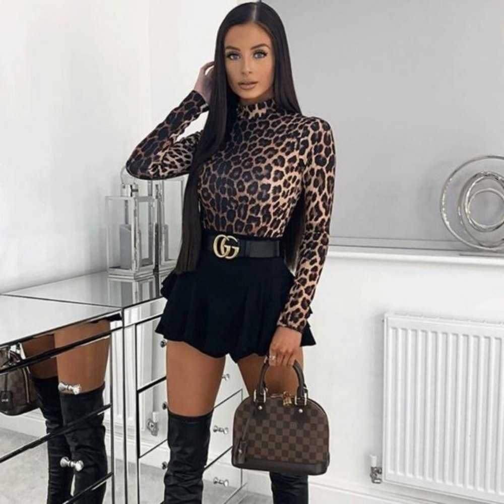Leopard Print Long Sleeve High Neck Bodysuit Top - Picture 5 of 9